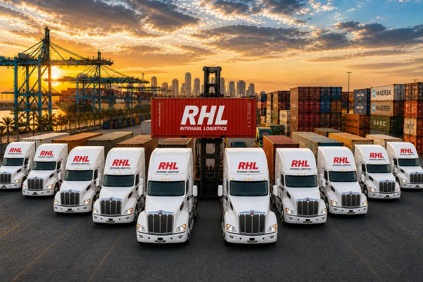 The Ritehaul Logistics RHL fleet of white day-cab tractors arrayed in formation at a South Florida port at sunset, with a red RHL-branded intermodal container suspended center-frame between stacked containers and ship-to-shore port cranes