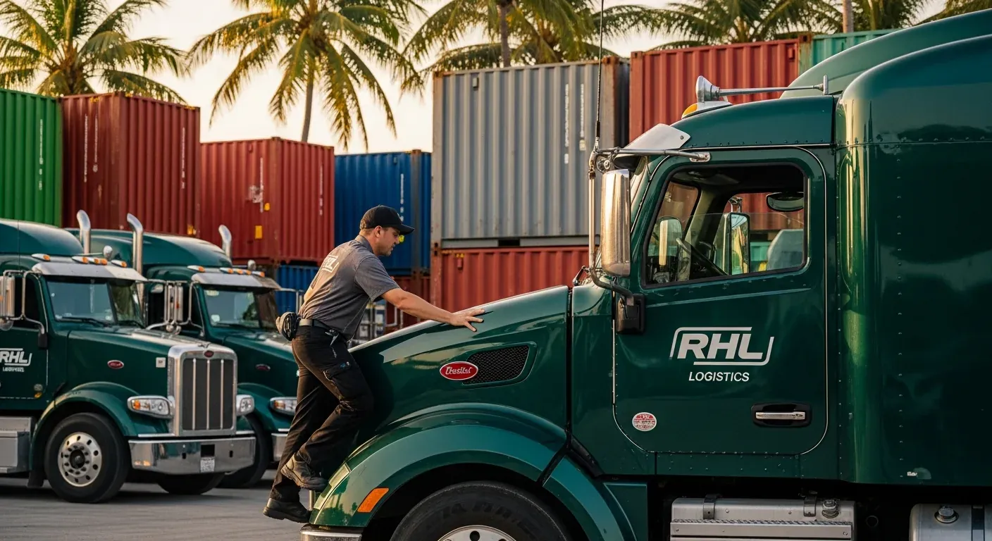 Ritehaul company driver climbing into the cab of a green Peterbilt tractor in a yard of trucks and stacked shipping containers