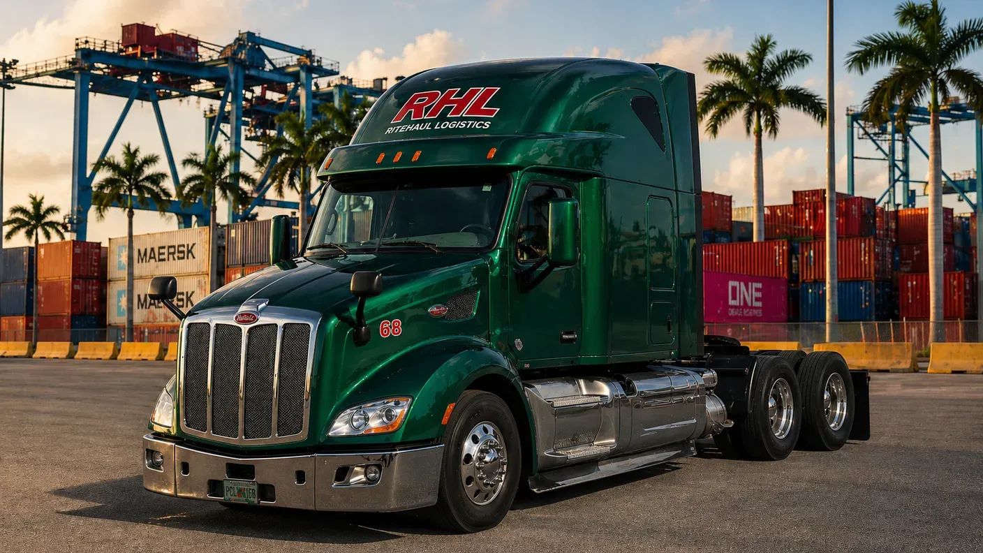 Green Ritehaul Logistics Peterbilt tractor parked at a South Florida marine terminal with shipping containers and gantry cranes in the background