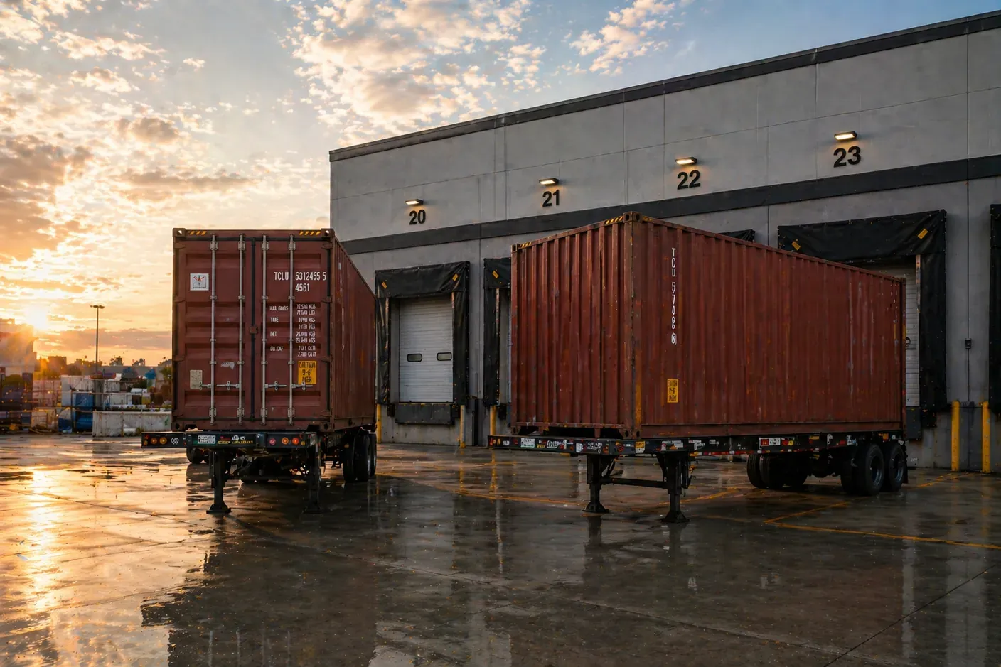 Two empty container chassis parked on a wet warehouse apron at sunrise, each spotted with a weathered shipping container backed up to numbered loading dock doors for drop-and-pick service