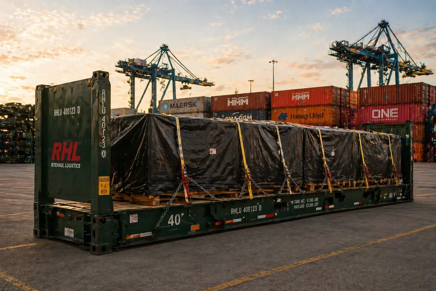 Green Ritehaul Logistics RHL flat-rack container marked RHLU 400123 loaded with tarp-covered crated cargo strapped to wooden pallets, parked at the port with stacked Maersk, HMM, CMA CGM, Hapag-Lloyd, and ONE shipping containers and blue ship-to-shore gantry cranes in the background at sunset