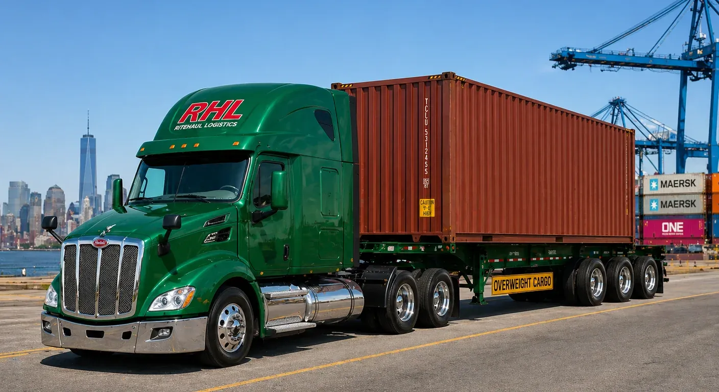 Green Ritehaul Logistics RHL Peterbilt tractor pulling a tri-axle overweight chassis with a brown shipping container and yellow OVERWEIGHT CARGO placard at the port, with a city skyline and ship-to-shore cranes in the background