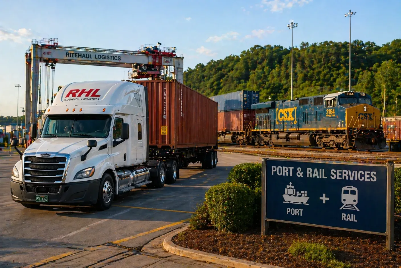 White Ritehaul Logistics RHL Freightliner tractor pulling a chassis with a brown shipping container past a parked CSX locomotive numbered 3164 with stacked rail-car containers, beneath the blue Ritehaul Logistics gantry crane, next to a PORT & RAIL SERVICES sign