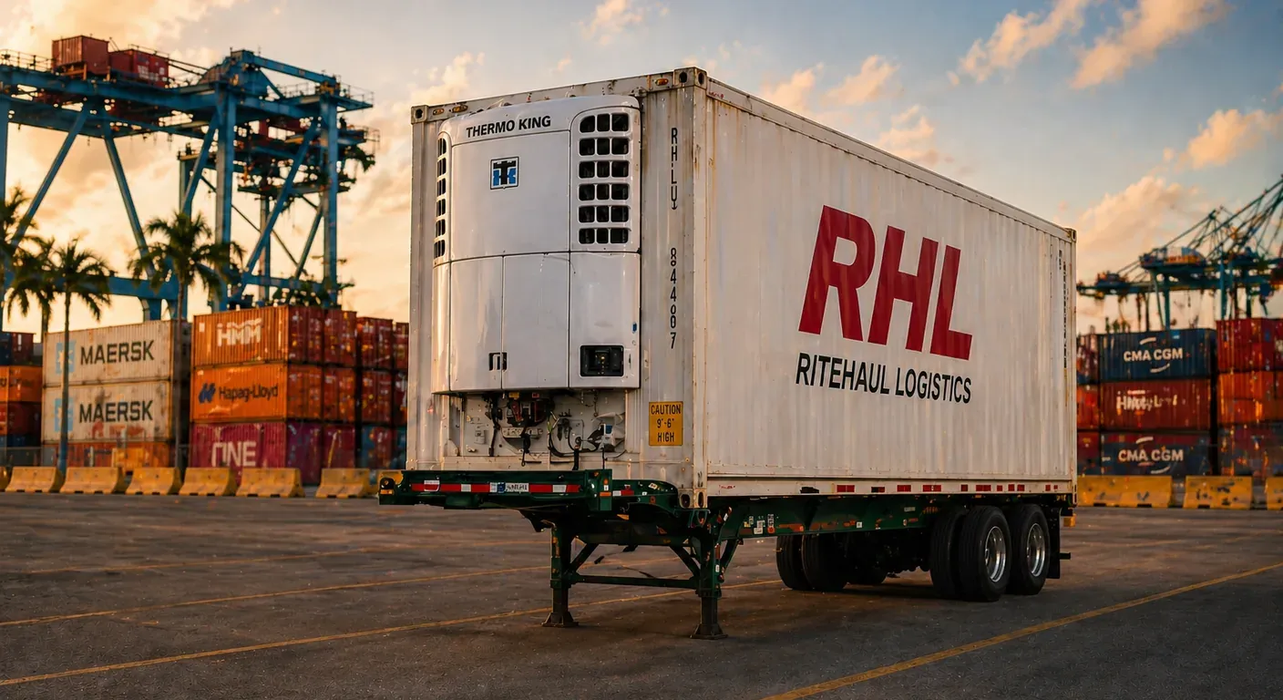 White Thermo King refrigerated container with a visible RHLU container number and red RHL Ritehaul Logistics branding on the side, mounted on a green chassis and parked beside stacked Maersk and CMA CGM containers beneath blue ship-to-shore gantry cranes at the port at sunset
