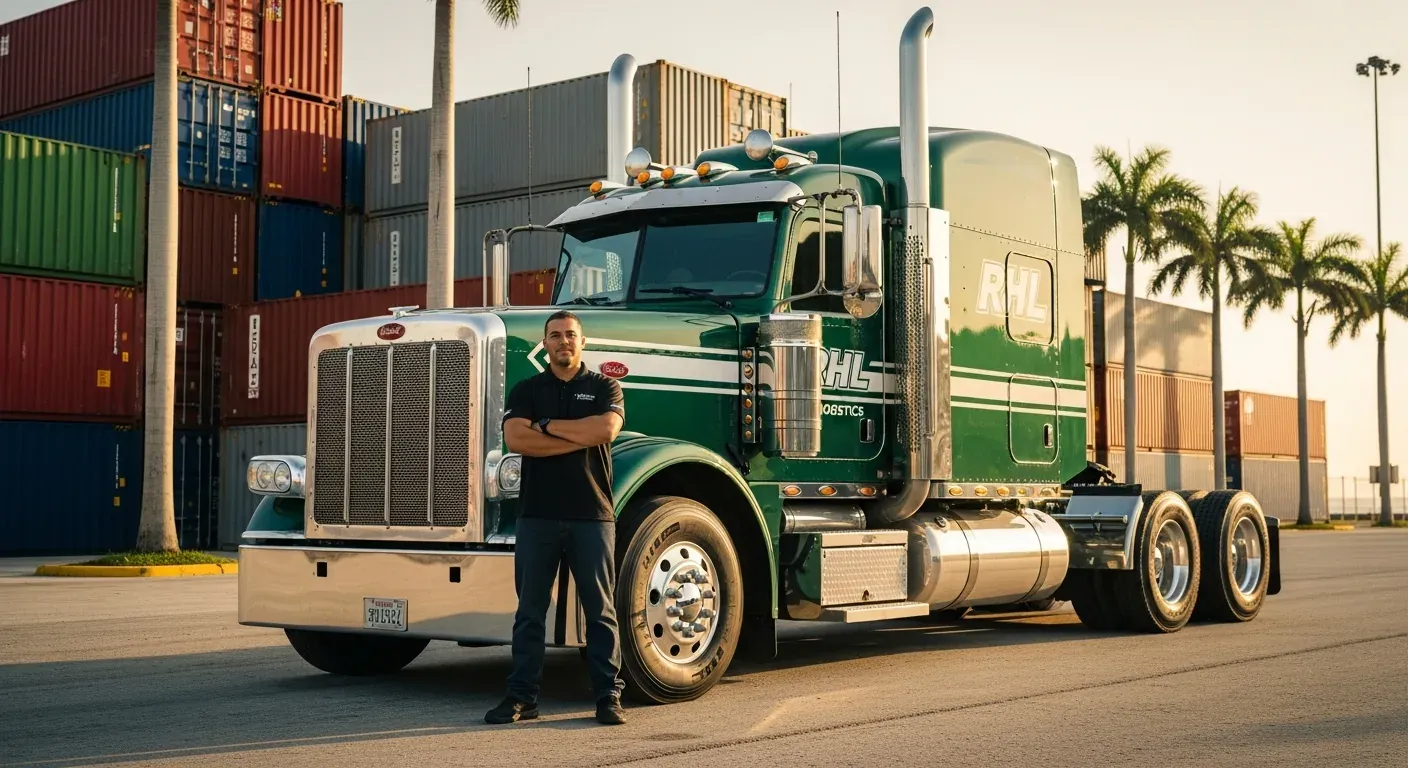 Owner-operator standing alongside a polished green RHL Peterbilt sleeper tractor at a South Florida yard, with stacked shipping containers and palm trees in the background