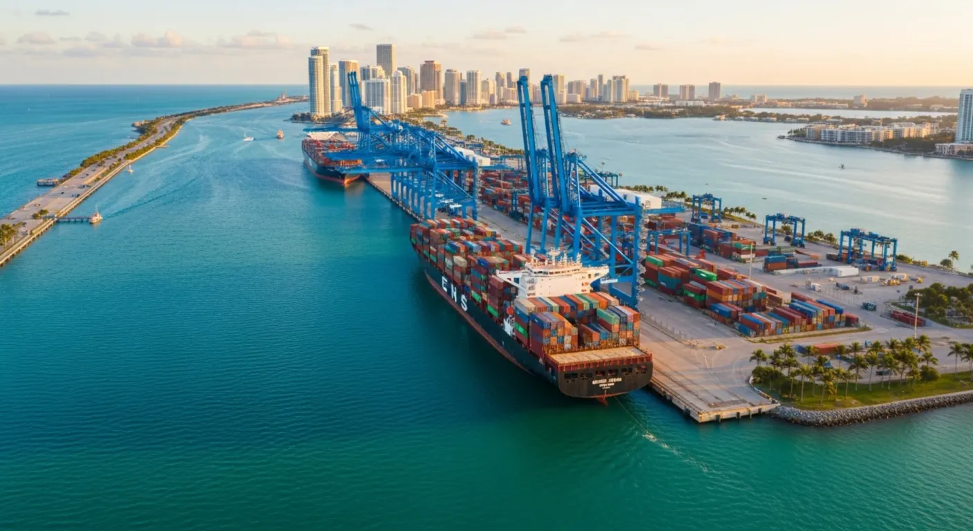 Aerial view of Port Miami on Dodge Island — ship-to-shore gantry cranes, a docked container vessel, and stacked intermodal containers along Government Cut with the downtown Miami skyline in the background