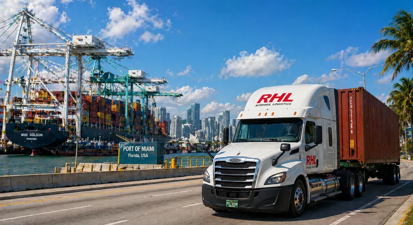 Ritehaul Logistics RHL truck hauling an intermodal container along the Port of Miami causeway with the port cranes, a docked container ship, and the downtown Miami skyline in the background