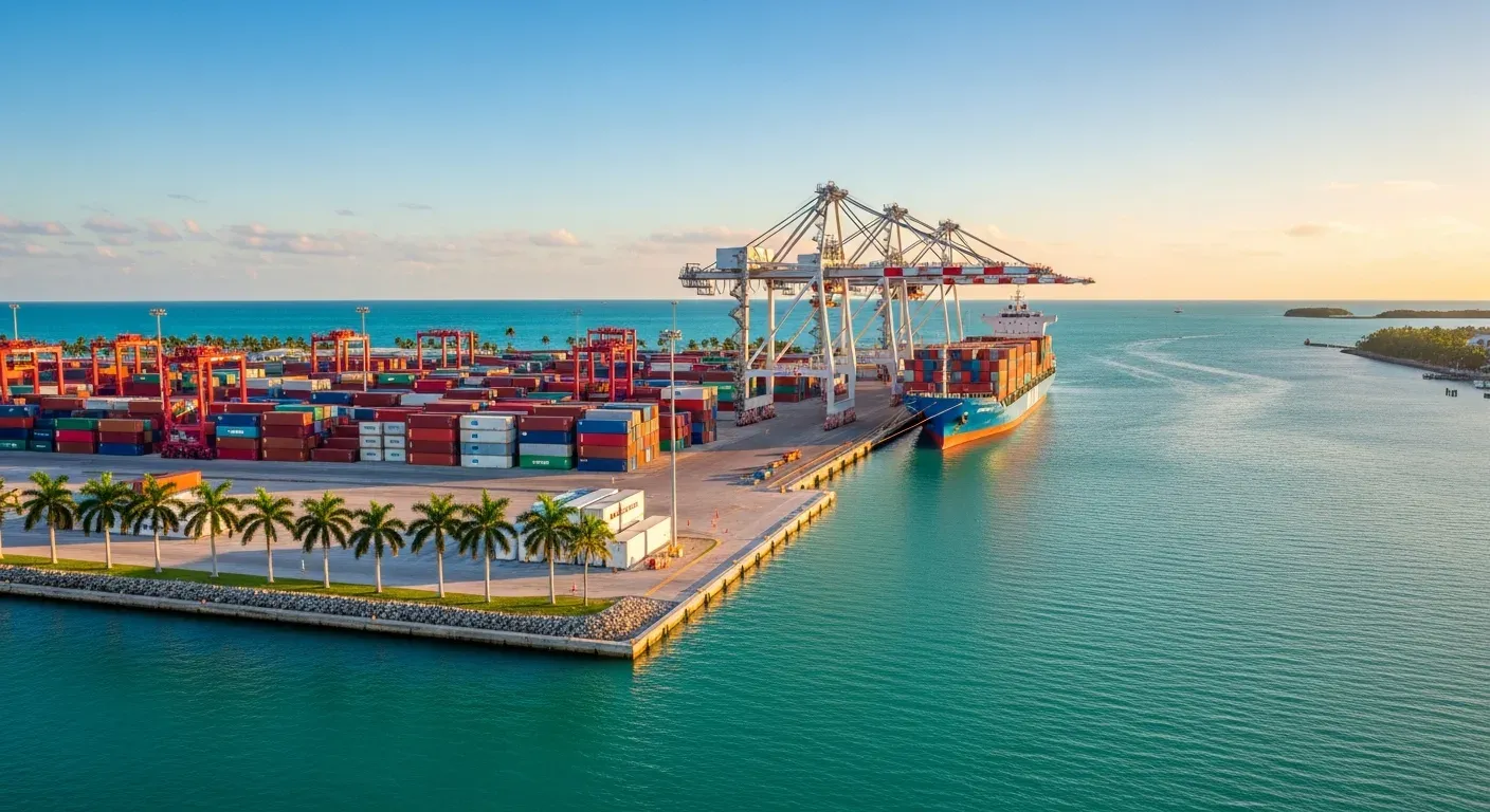 Aerial view of the Port of Palm Beach in Riviera Beach, Florida — container yard, ship-to-shore cranes, and a docked cargo vessel along the Intracoastal Waterway