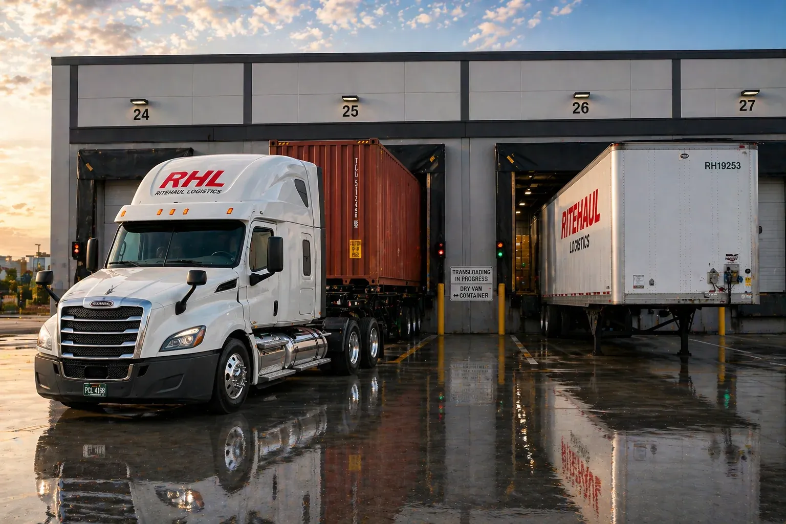 Forklift moving palletized freight from an ocean container into a domestic trailer at a transload facility