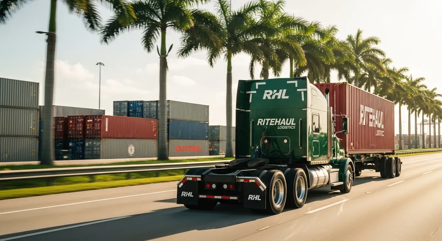 Green Ritehaul Logistics RHL Peterbilt tractor pulling a red RHL-branded intermodal container along a South Florida highway lined with palm trees, with stacked shipping containers in the background