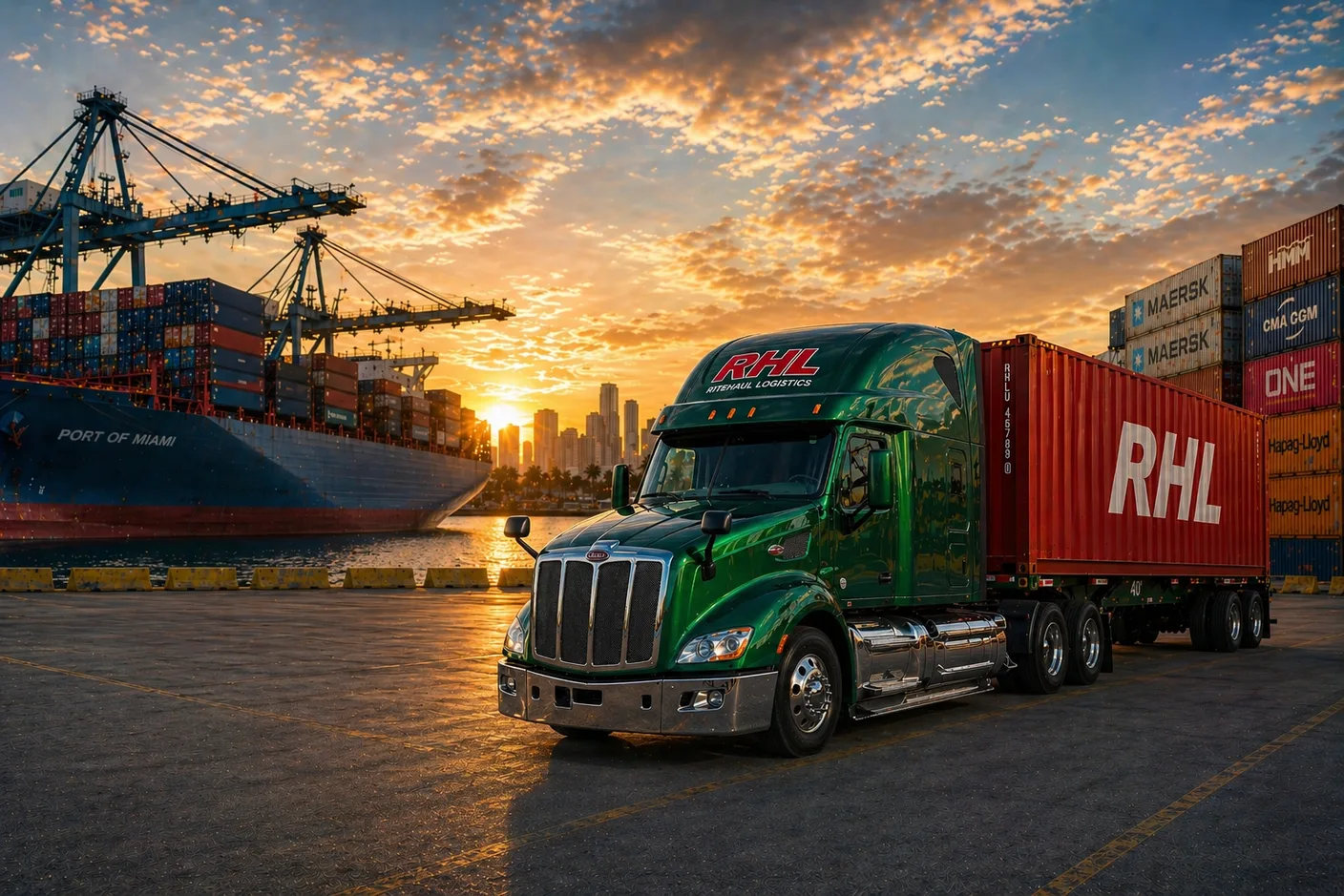 Green Ritehaul Logistics RHL Peterbilt tractor pulling a red RHL-branded shipping container at the Port of Miami at sunset, with a docked container vessel labeled PORT OF MIAMI, ship-to-shore gantry cranes, the downtown Miami skyline, and stacked Maersk, CMA CGM, ONE, HMM, and Hapag-Lloyd containers in the background
